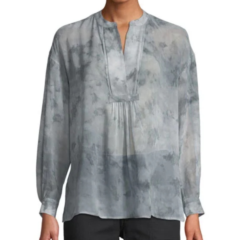 VINCE Grey Marbled Watercolor Silk Blouse Top Sz M
